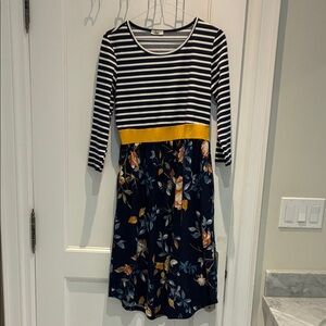 Navy Striped and Floral Midi Dress